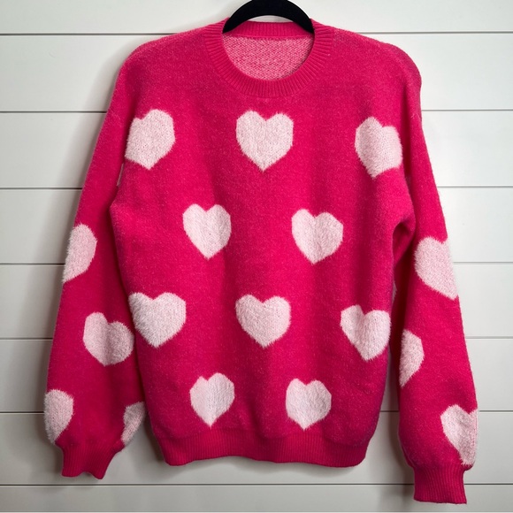 Bright Pink Heart Pattern Fuzzy Cozy‎ Sweater. Size Small. - Picture 2 of 13